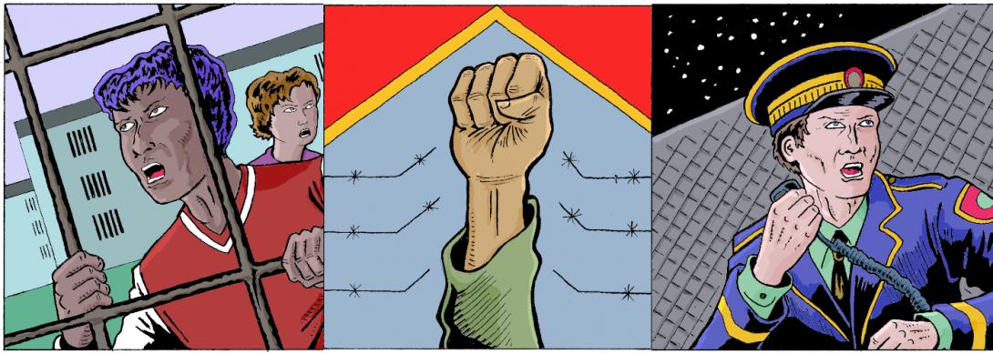 Trois dessins de Gord Hill pour le projet Territoires en jeu : le migrant rebelle, l'activiste et l'agent des douanes