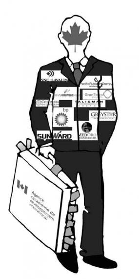 Profiteurs canadiens - Dessin homme d'affaire avec valise remplie d'argent et plusieurs logos de compagnies sur son veston 