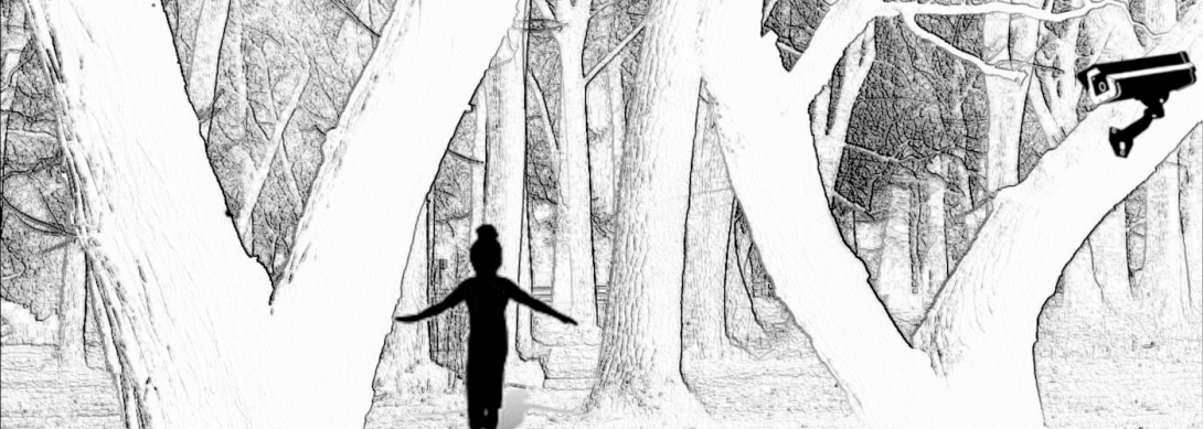 Image en noir et blanc d'une forêt avec une silhouette d'humain et de caméra de surveillance